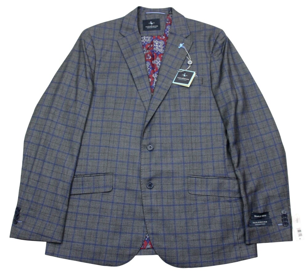 TailorByrd Blazer Mens 40 R Charcoal Blue Windowpane Stretch Sport Coat Jacket